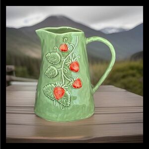 Nocal LDA Ceramics Green Pitcher w/ Embossed Strawberries Portugal Farmhouse EUC